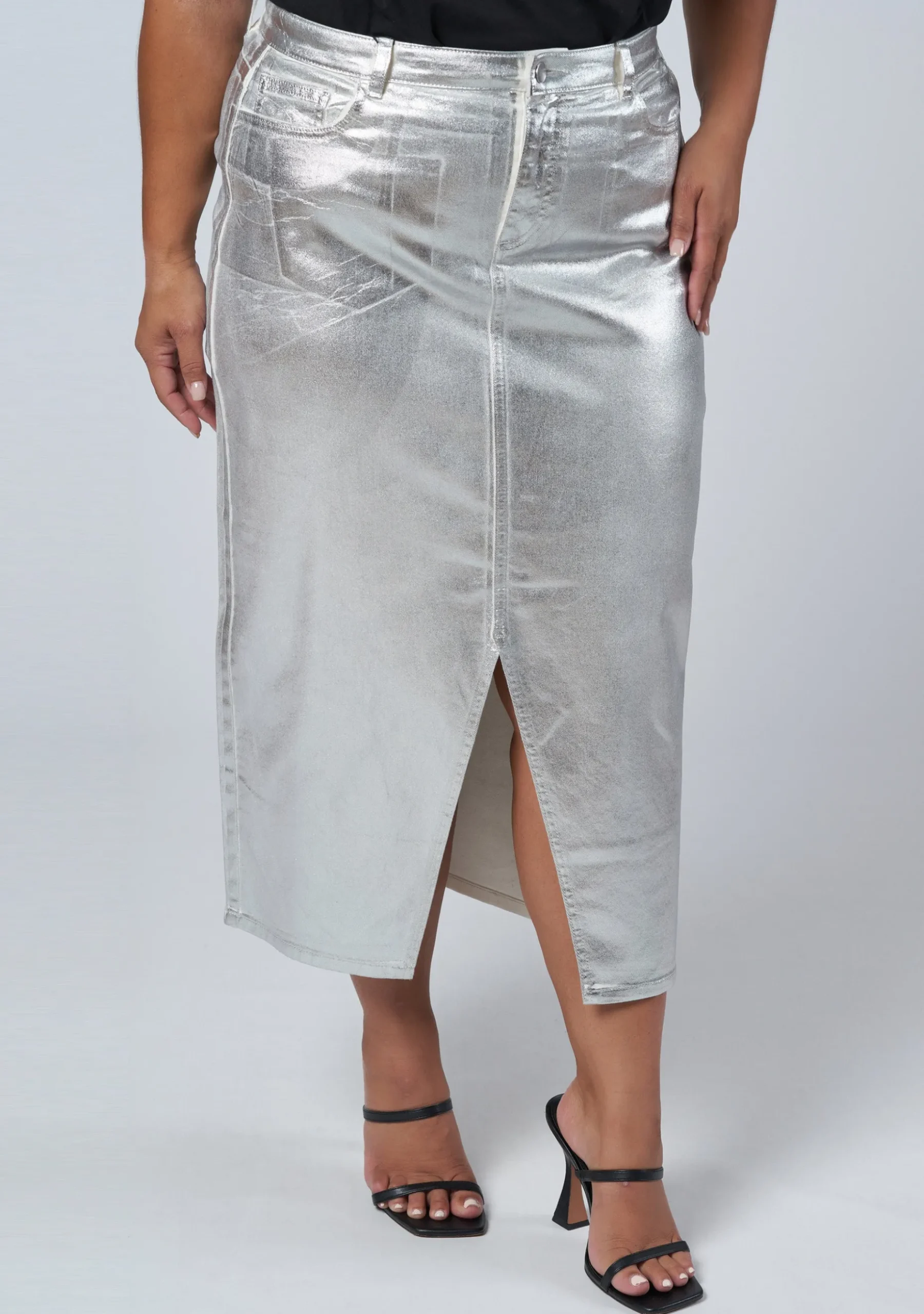 Peaches Silver Denim Midi Skirt
