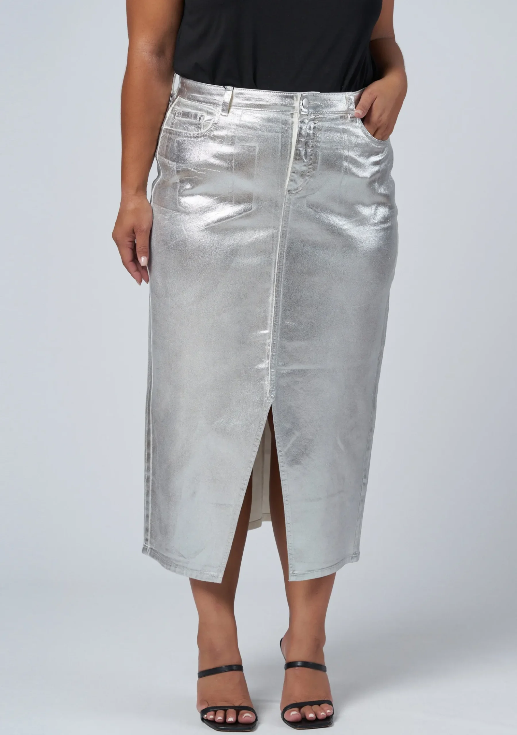 Peaches Silver Denim Midi Skirt