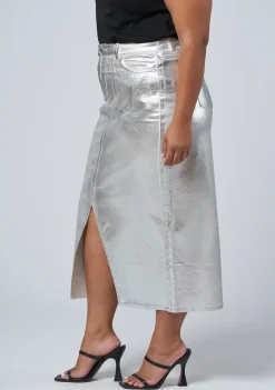 Peaches Silver Denim Midi Skirt